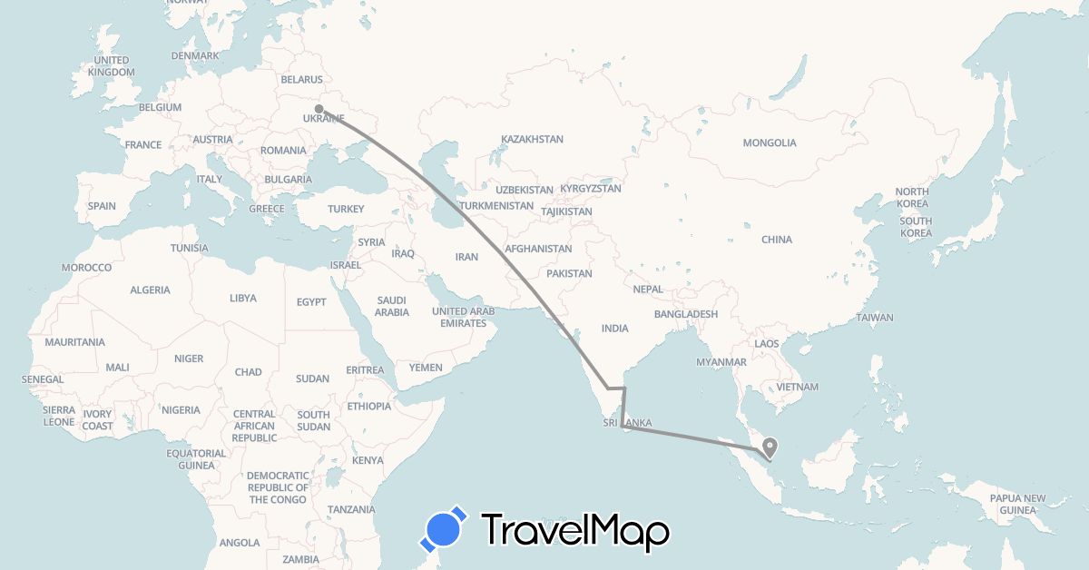 TravelMap itinerary: driving, plane in India, Sri Lanka, Malaysia, Singapore, Ukraine (Asia, Europe)